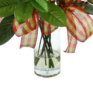 Magnolia Leaf and Berry Holiday Arrangement with Plaid Bows