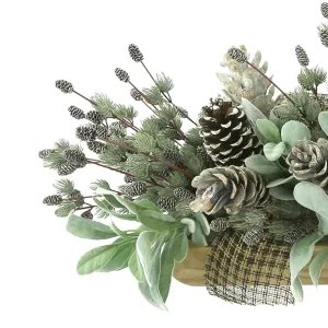 Lamb's Ear and Pinecone Holiday Arrangement with Bows in a Wooden Dough Bowl
