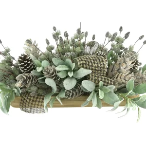 Lamb's Ear and Pinecone Holiday Arrangement with Bows in a Wooden Dough Bowl