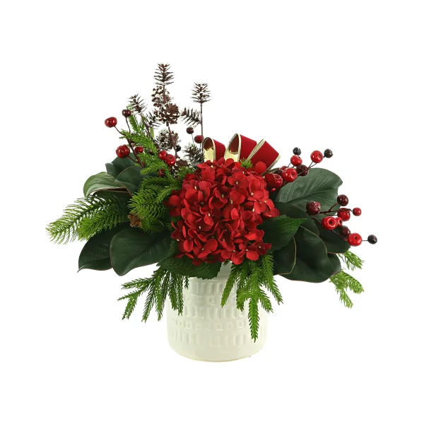 Hydrangea Holiday Arrangement with Pine, Berries and Bows in a Ceramic Pot