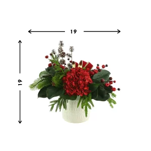 Hydrangea Holiday Arrangement with Pine, Berries and Bows in a Ceramic Pot
