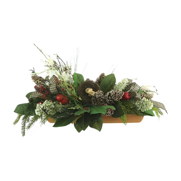 Holiday Arrangement with Evergreen, Pears and Bird's Nest in a Dough Bowl
