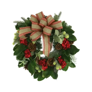 24" Evergreen Holiday Wreath with Hydrangeas, Pinecones and Bows