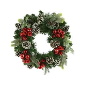 22" Evergreen Holiday Wreath with Ornaments and Assorted Pinecones