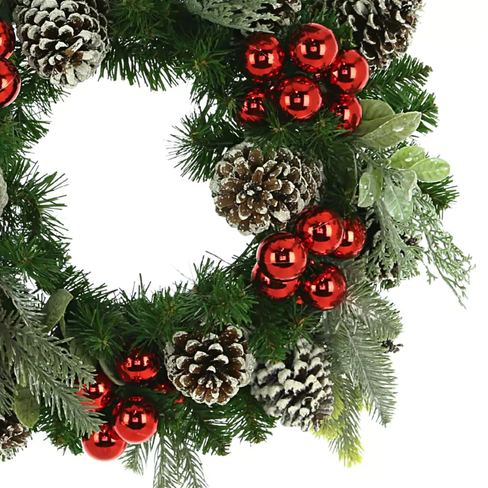 22" Evergreen Holiday Wreath with Ornaments and Assorted Pinecones