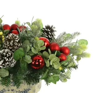 Pine Holiday Arrangement with Eucalyptus and Ornaments in a Ceramic Pot