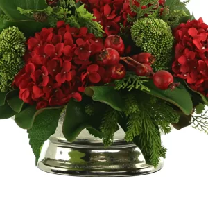 Hydrangea Holiday Arrangement in a Metal Pot with Cedar, Sedum and Berries