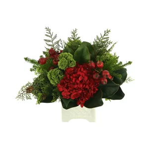 Hydrangea Holiday Arrangement with Cedar, Sedum and Berries in a Ceramic Pot