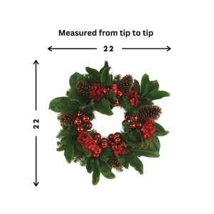 22" Evergreen Holiday Wreath with Hydrangeas, Magnolia Leaves and Ornaments