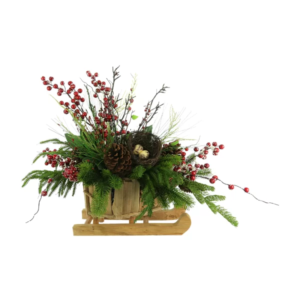 Evergreen Holiday Arrangement with Snowy Berries and Bird's Nest in a Wooden Sleigh