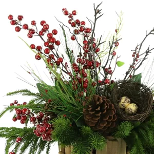 Evergreen Holiday Arrangement with Snowy Berries and Bird's Nest in a Wooden Sleigh