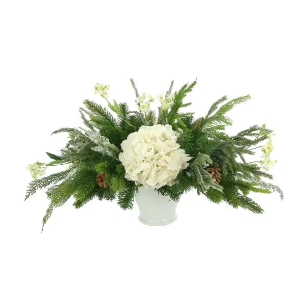 Hydrangea and Evergreen Holiday Arrangement in a Ceramic Vase