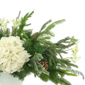 Hydrangea and Evergreen Holiday Arrangement in a Ceramic Vase