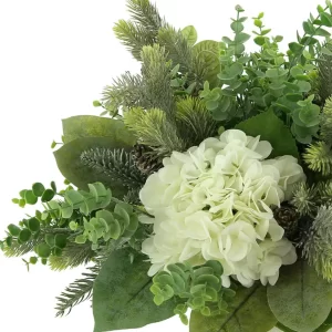 Hydrangea, Eucalyptus and Evergreen Holiday Arrangement in a Ceramic Pot