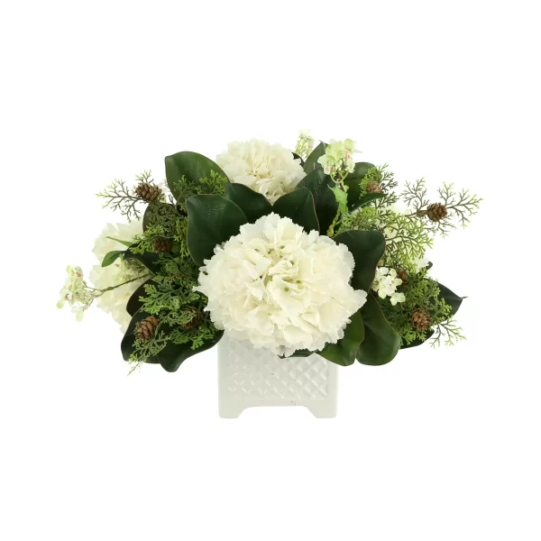 Hydrangea and Pine Holiday Arrangement in a Square Ceramic Pot
