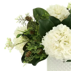 Hydrangea and Pine Holiday Arrangement in a Square Ceramic Pot