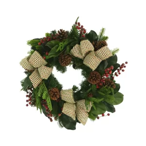 26" Evergreen Wreath with Pinecones, Berries and Bows