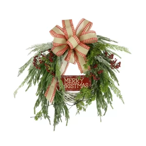 28" Woven Willow Holiday Wreath with "Merry Christmas" Sign