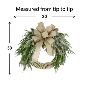 30" Woven Willow Holiday Wreath with Evergreen, Pinecones and a Large Bow