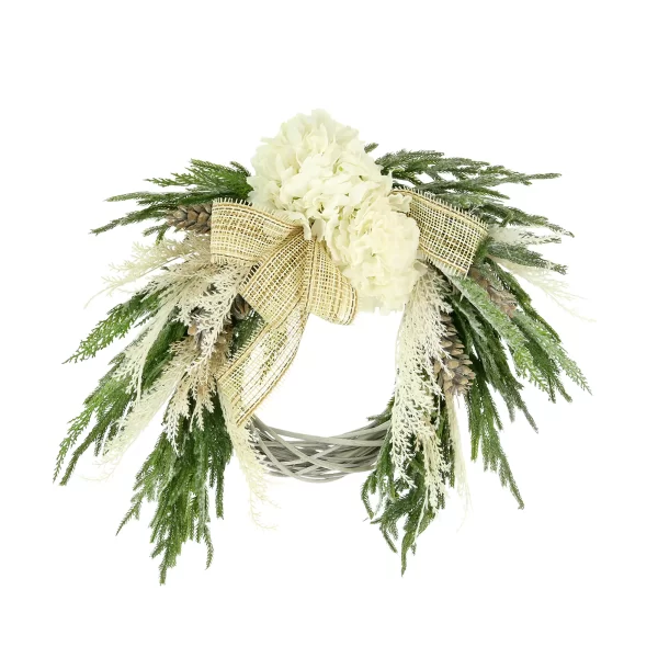 28" Woven Willow Holiday Wreath with Hydrangeas, Evergreen and Burlap Bows