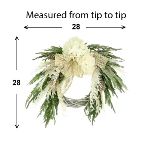 28" Woven Willow Holiday Wreath with Hydrangeas, Evergreen and Burlap Bows