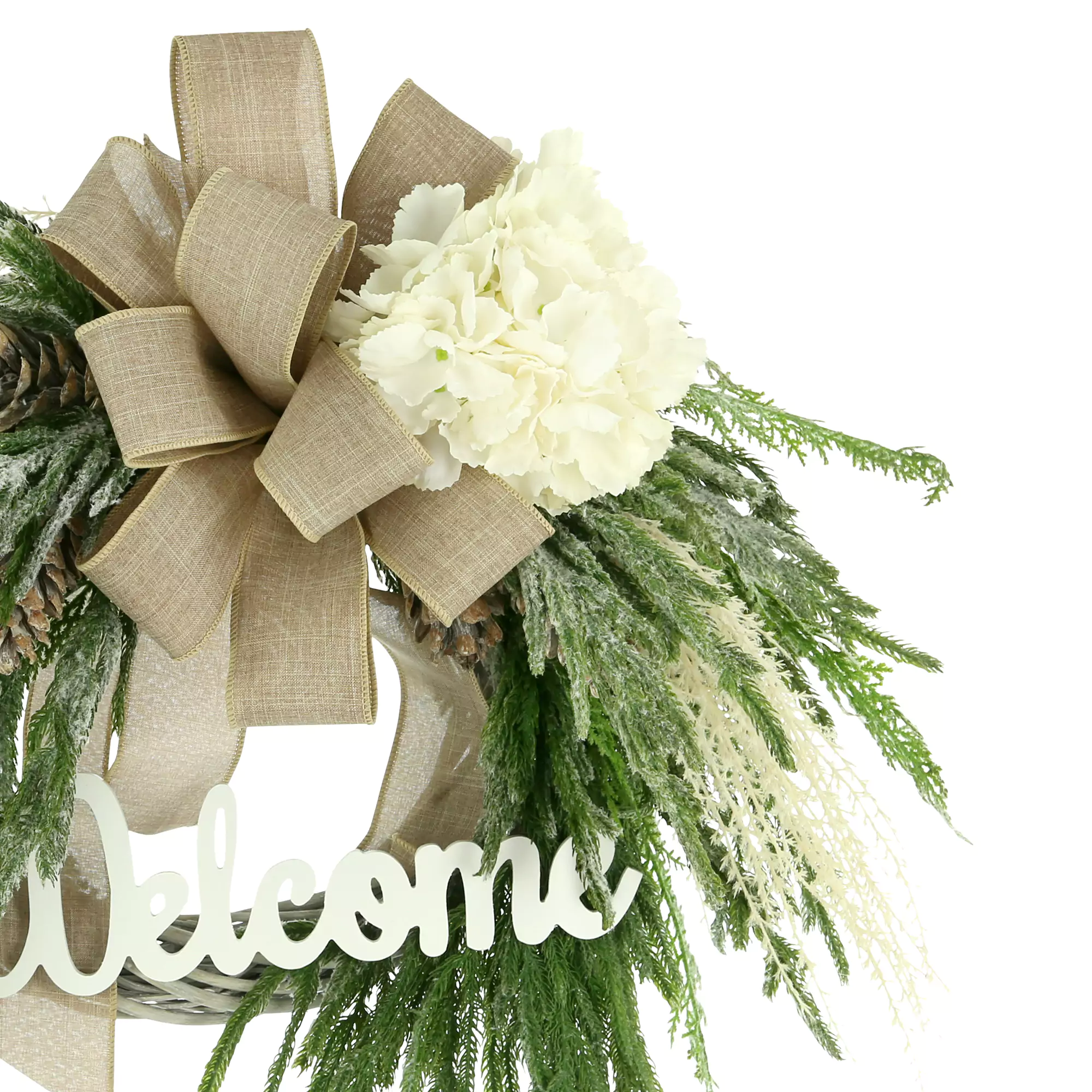 30" Holiday Willow Wreath with Hydrangeas, Bows and "Welcome" Sign