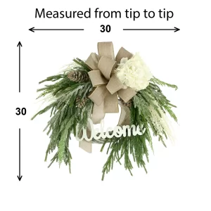 30" Holiday Willow Wreath with Hydrangeas, Bows and "Welcome" Sign