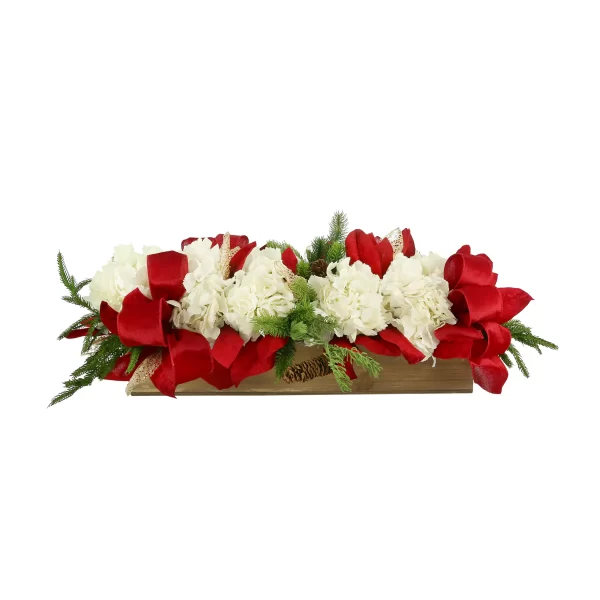 Hydrangea Holiday Arrangement with Bows in a Wood Planter
