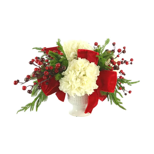 Hydrangea and Evergreen Holiday Arrangement in Ceramic Vase