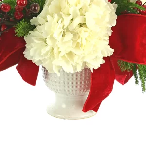 Hydrangea and Evergreen Holiday Arrangement in Ceramic Vase