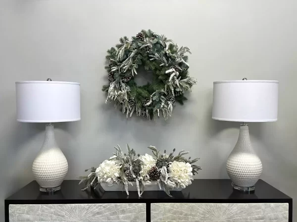 Hydrangea and Evergreen Holiday Arrangement in a Wood Planter