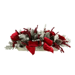 Snow Covered Evergreen and Pinecone Holiday Arrangement with Bows