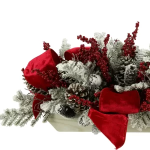 Snow Covered Evergreen and Pinecone Holiday Arrangement with Bows