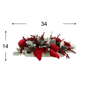 Snow Covered Evergreen and Pinecone Holiday Arrangement with Bows