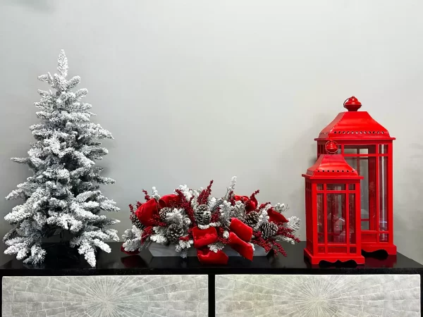 Snow Covered Evergreen and Pinecone Holiday Arrangement with Bows