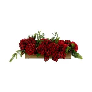 Hydrangea and Evergreen Holiday Arrangement in a Wood Planter