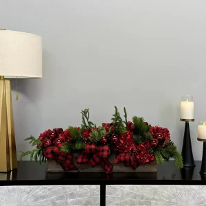 Hydrangea and Evergreen Holiday Arrangement in a Wood Planter