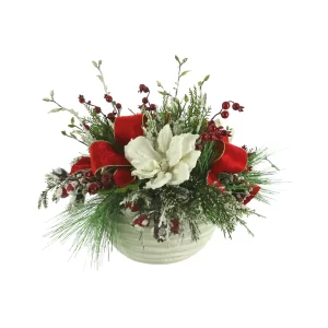 Holiday Arrangement with Magnolias, Snowy Greens and Berries in Ceramic Pot