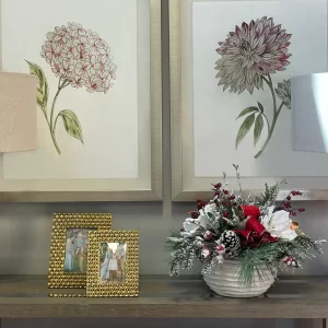 Holiday Arrangement with Magnolias, Snowy Greens and Berries in Ceramic Pot