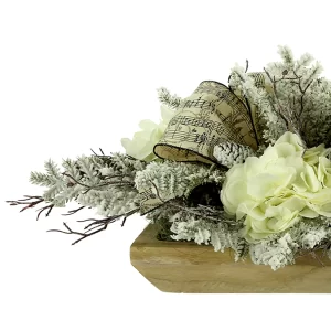 Hydrangea and Snowy Pine Holiday Arrangement with Music Bows