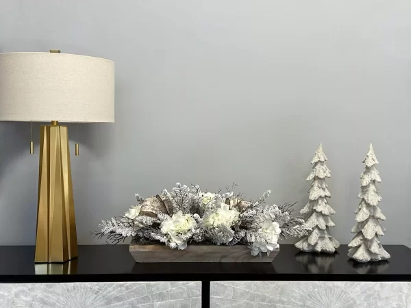 Hydrangea and Snowy Pine Holiday Arrangement with Music Bows