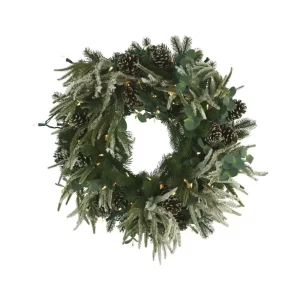 32" Holiday Wreath with Evergreen, Eucalyptus and Lights