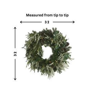 32" Holiday Wreath with Evergreen, Eucalyptus and LED Lights