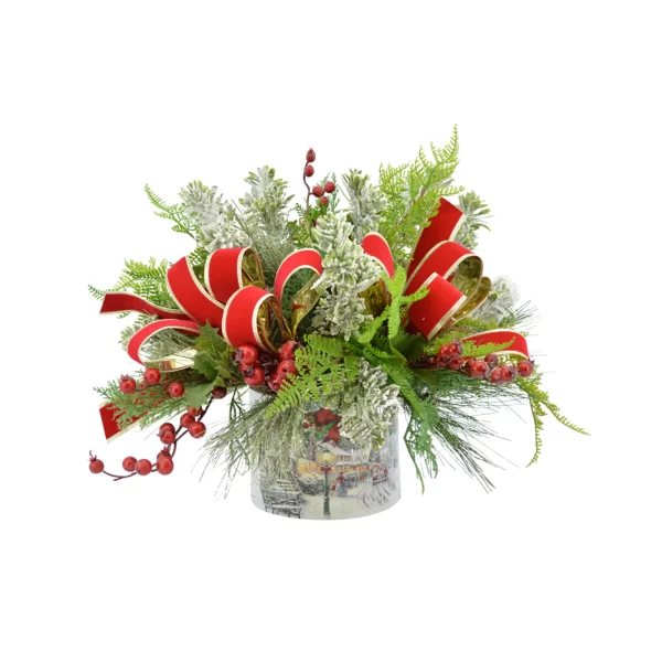 Evergreen, Berry and Ribbon Holiday Arrangement