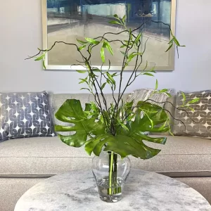 Philo Leaf and Willow Branch Arrangement in a Clear Glass Vase