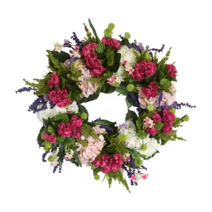 28" Grapevine Wreath with Hydrangeas, Heather, Begonia and Cherry Blossoms