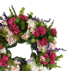 28" Grapevine Wreath with Hydrangeas, Heather, Begonia and Cherry Blossoms