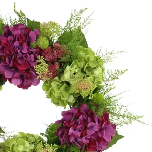 28" Assorted Hydrangea Wreath with Sedum and Fern Leaves - Image 4
