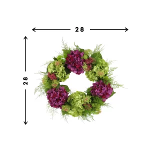 28" Assorted Hydrangea Wreath with Sedum and Fern Leaves - Image 2