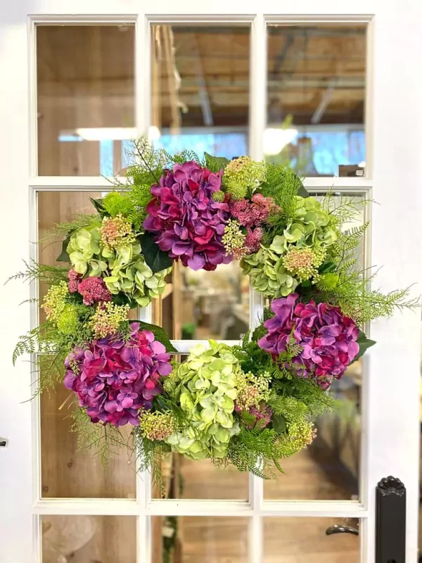28" Assorted Hydrangea Wreath with Sedum and Fern Leaves